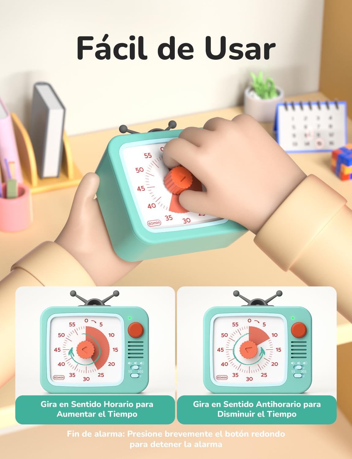 Temporizador Visual Para Niños LIORQUE - Temporizador De Cuenta Regresiva 60 Minutos, Silencioso, Con Función Pausa Y Alarma Ajustable