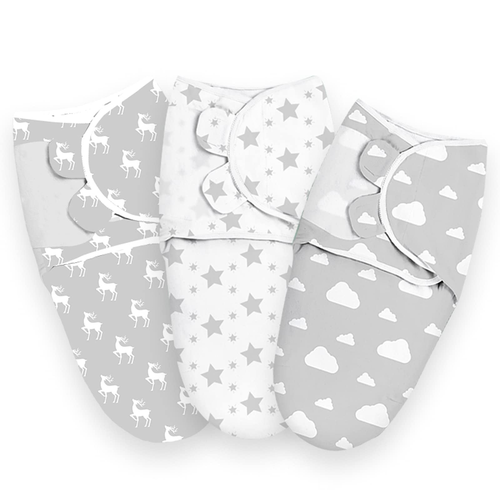 Baby Swaddle Wrap, 3 Pcs 73x56cm Newborn Swaddle Blanket Wrap, 0-3 Months 100% Breathable Cotton Swaddlers Sleep Sack with Adjustable Wings for Baby Boys and Baby Girls