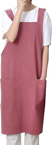 Delantal de lino y algodón suave para mujer, delantal cruzado sin ataduras con bolsillos, ideal para floristería y cocina