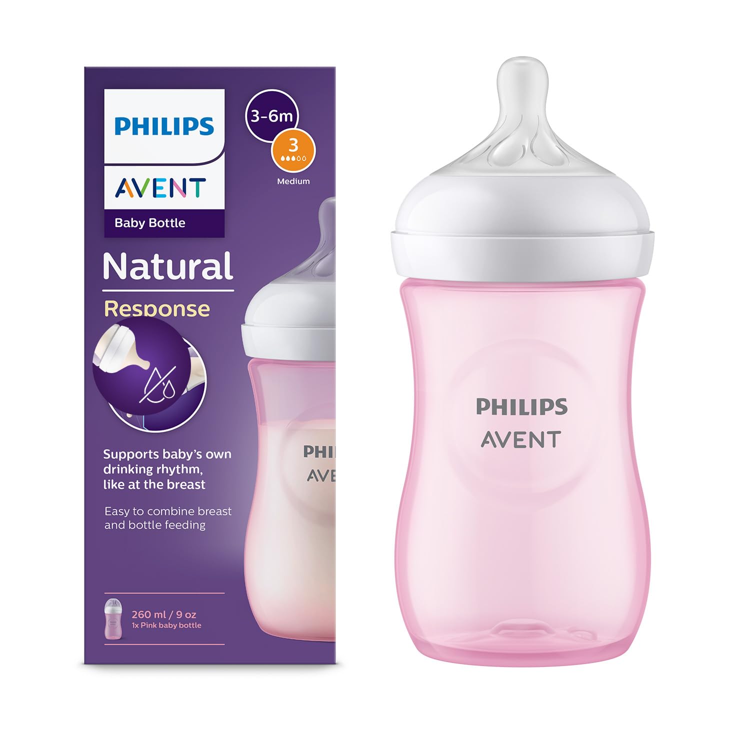 Philips Avent Natural Response 3.0 Baby Feeding Bottle | No.1 Brand Recommended by Moms Worldwide | Ideal for 1 months+| Natural Response Technology Mimics Breastfeeding | Uniquely Designed Nipple releases milk only when baby drinks | Pack of 1 | Pink | SCY903/11
