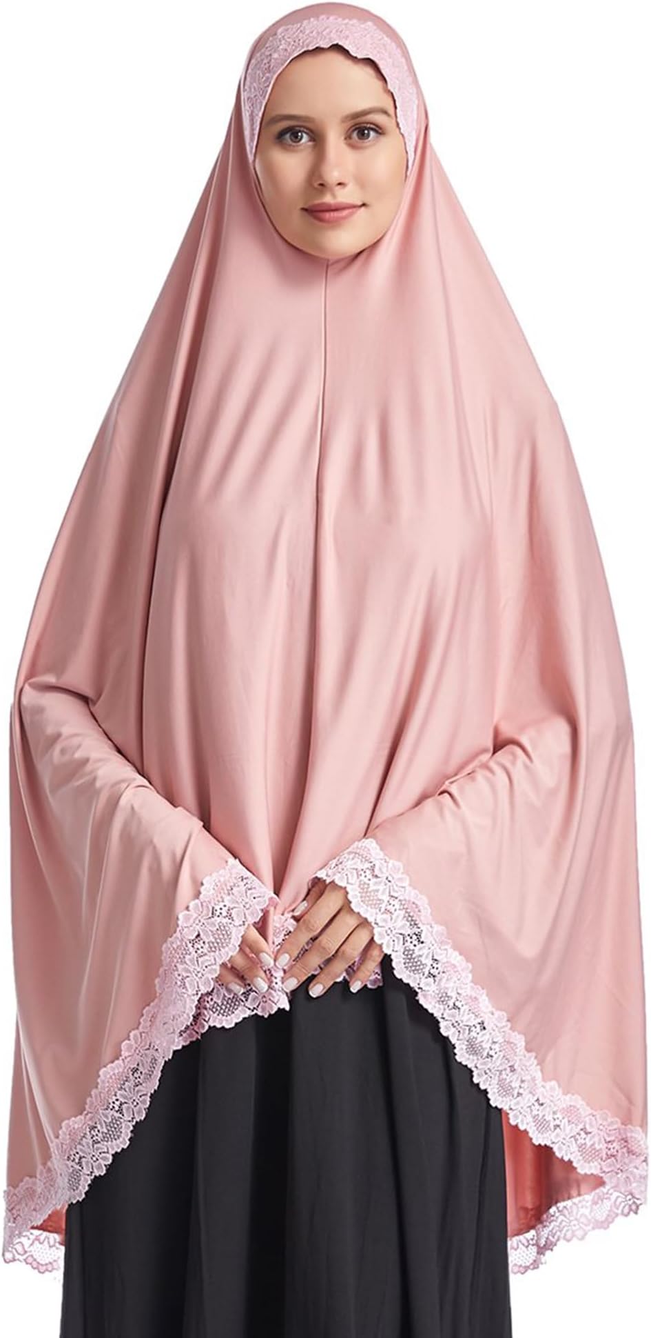 Muslim High Stretch Hijab Pure Color Half-body Cover Hijab with Lace for Praying