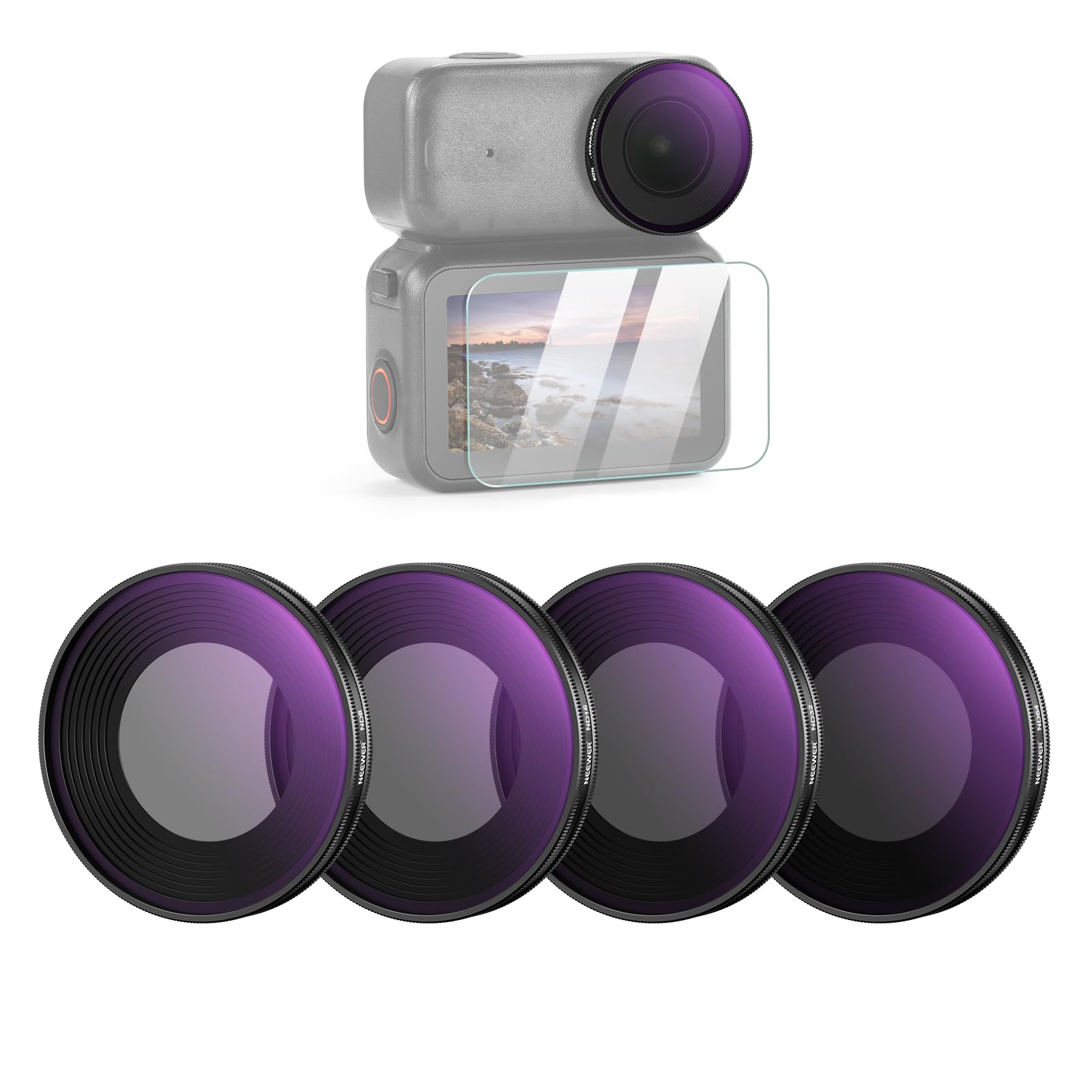 NEEWER ND Filter Set Compatible with DJI Osmo Nano (ND8/16/32/64), Screw On Action Camera Lens Neutral Density Filter Multicoated Optical Glass Accessories with Screen Protector, 4 Packs