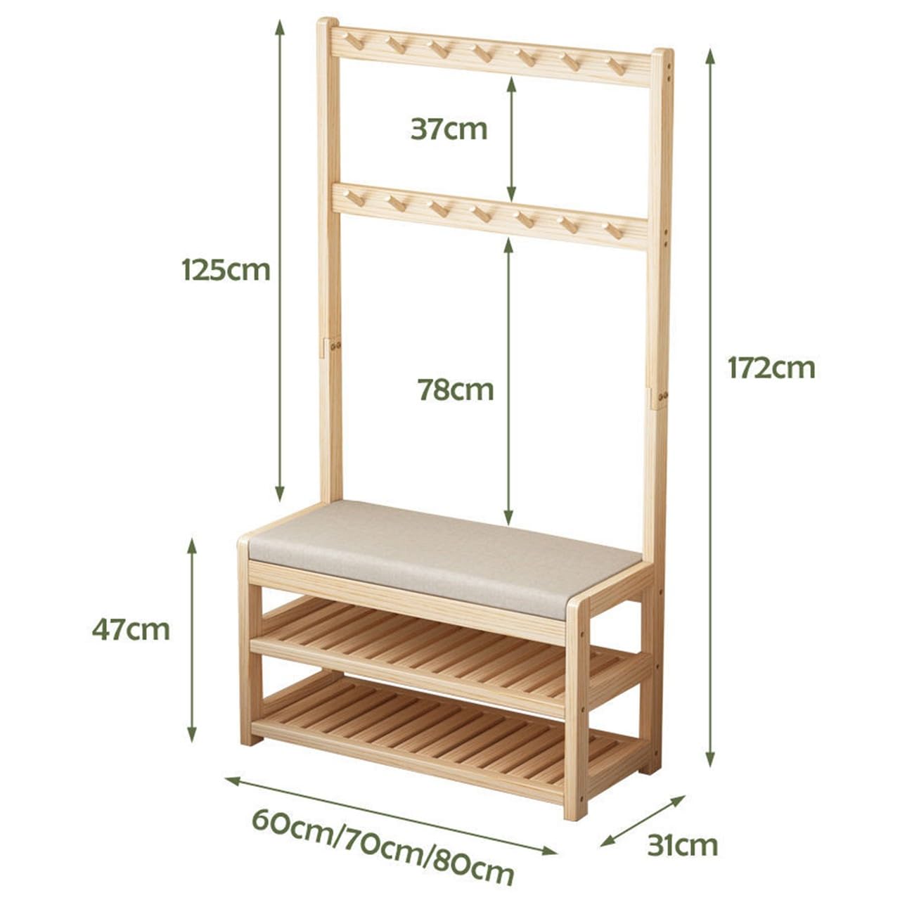Zapatero de Entrada de Madera con Ganchos y Base sólida. Perchero Independiente y Resistente para Oficina, Entrada o Pasillo. Medidas: 60, 70 y 80 cm.