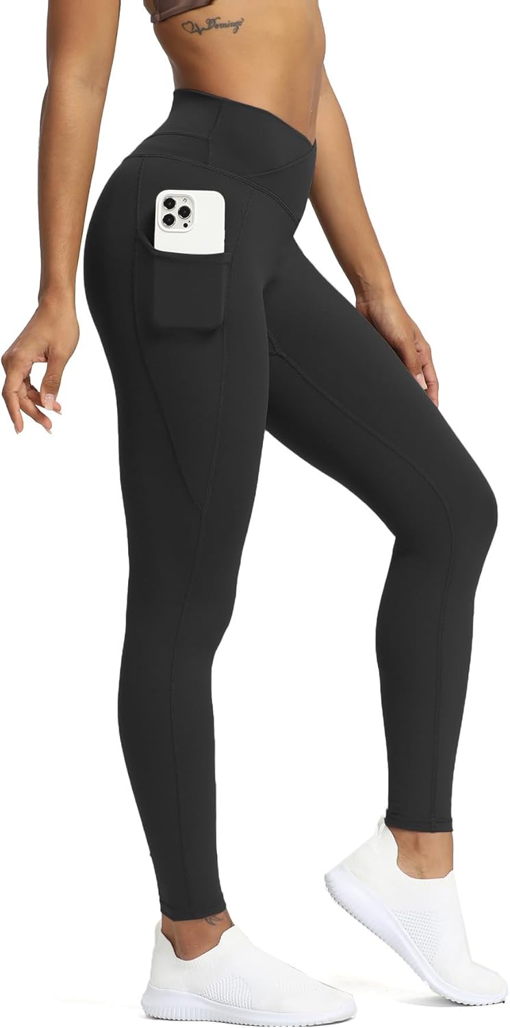 Aoxjox Trinity Excessive Waisted Yoga Pants with Pockets for Girls Tummy Management Cross-Waist Crossover Exercise Leggings