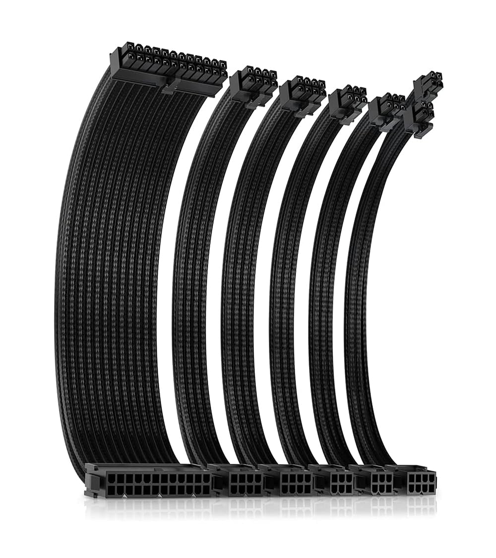 PSU Cables, Cable Extension PC, 16 AWG 24pin ATX / 4+4pin EPS / 8pin PCI-E / 6pin PCI-E PSU Extension Cable Kit, 30cm Length with Combs, Black