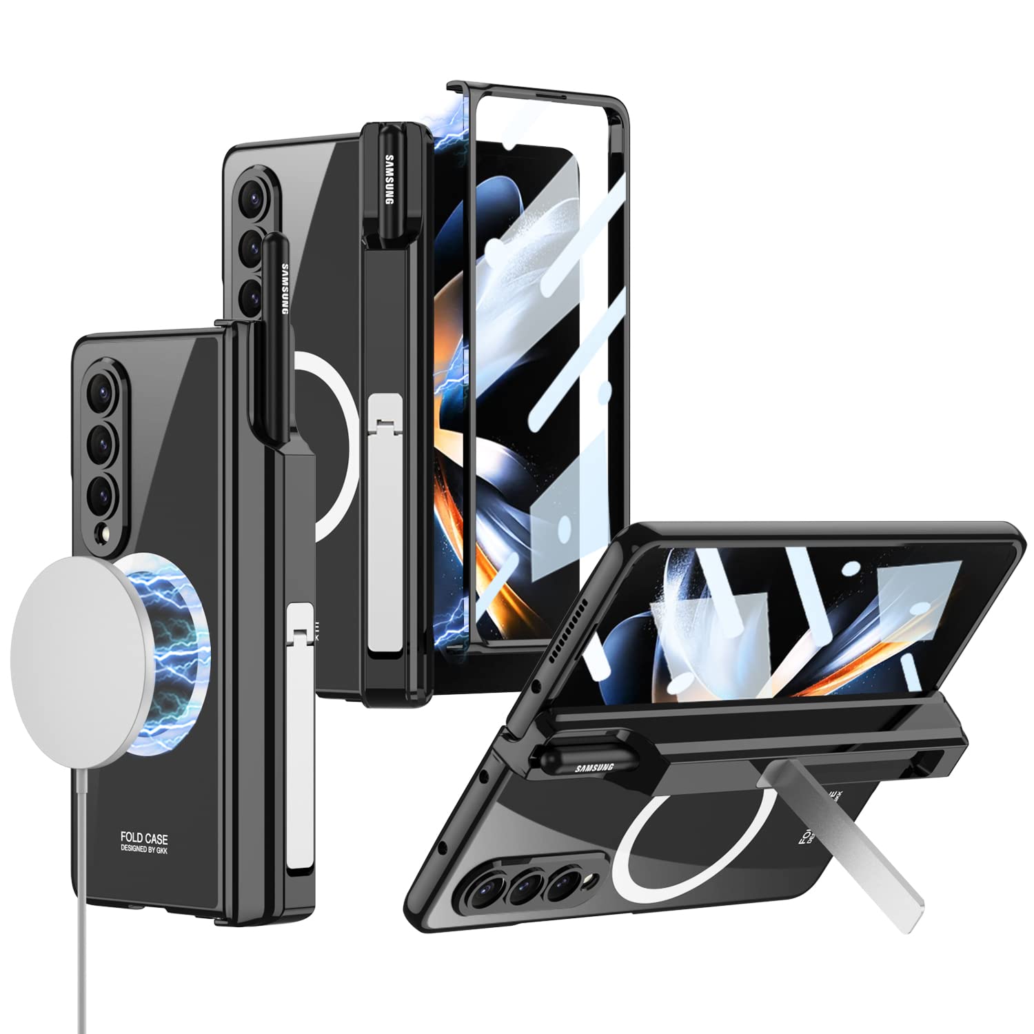 SHIEID Galaxy Z Fold 4 Case with Hinge & Screen Protector Support Wireless Charger with Kickstand & Pen Holder Adapts to Vehicle Bracket Galaxy Z Fold4 Magnetic Case, Black
