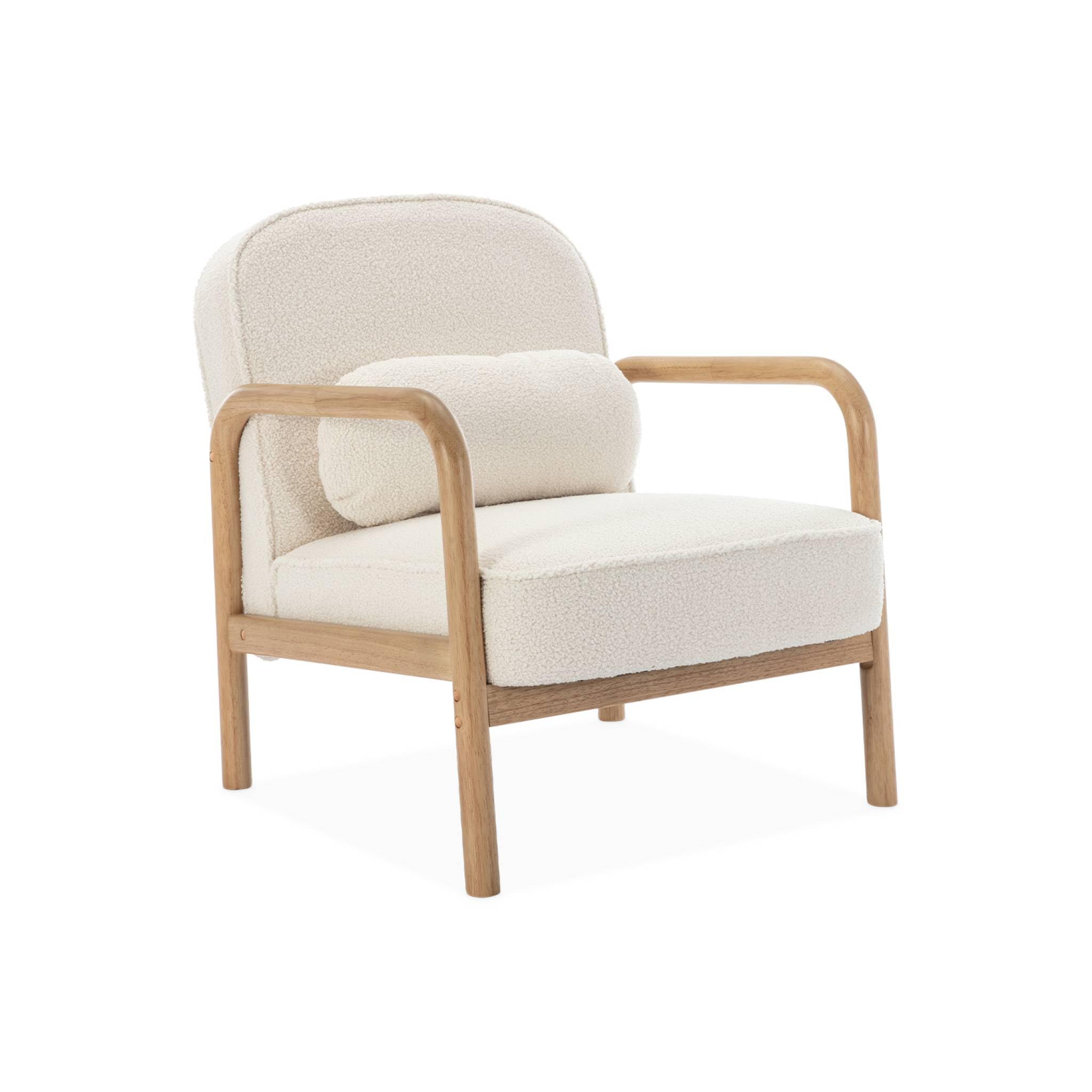 sweeek - Fauteuil scandinave Bois d'hévéa et Dossier Arrondi en Bouclette crème - Amelie