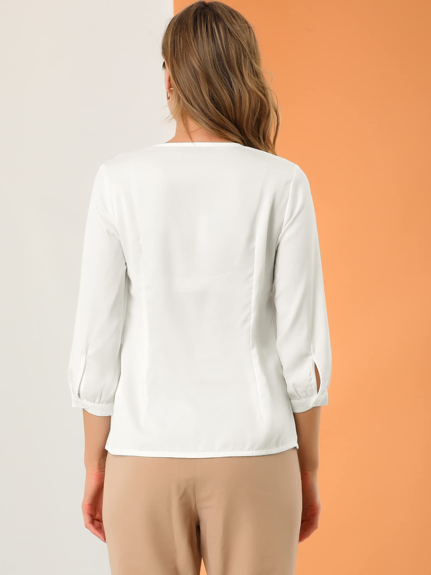 Allegra K Chemisier en satin à manches longues et col en V pour femme, blanc, Taille S
