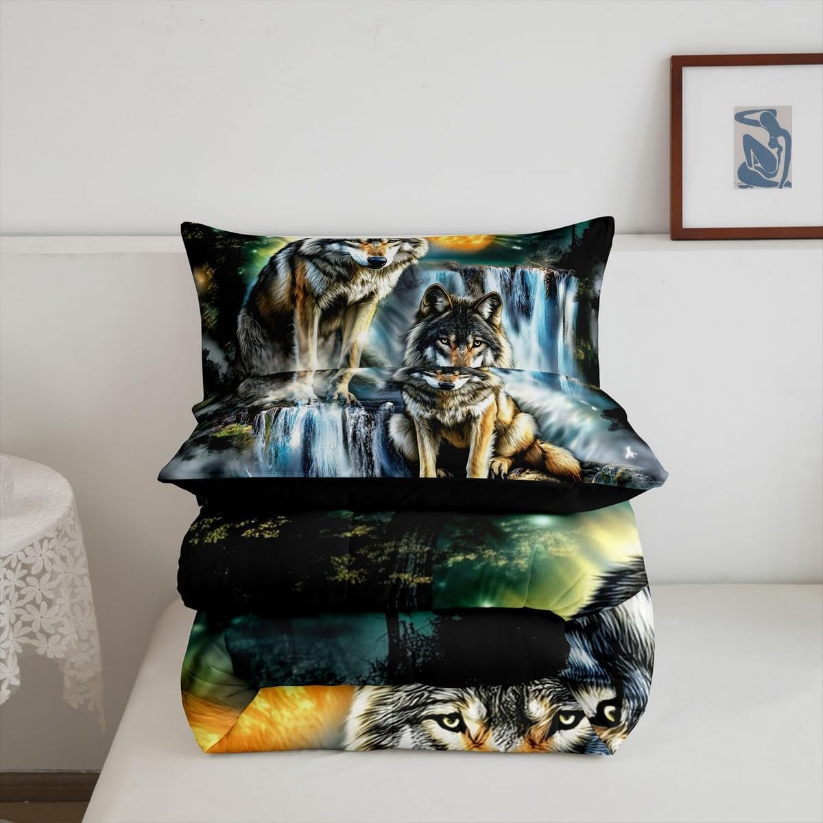 Feelyou Mountain Moon Wolf Comforter Set Full Size Wolves Howling Bedding Set for Boys Girls Teens Animal Wolves Comforter Women Men Wolf Duvet Set with 2 Pillow Case
