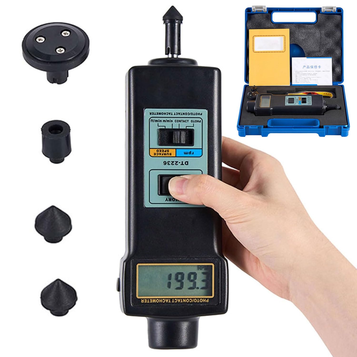 Probador de RPM por contacto y foto, tacómetro digital portátil, con 4 sondas, fotoeléctrico de 2,5 a 99.999 RPM, medición de velocidad lineal (m/min, ft/min), broca de contacto de alta sensibilidad