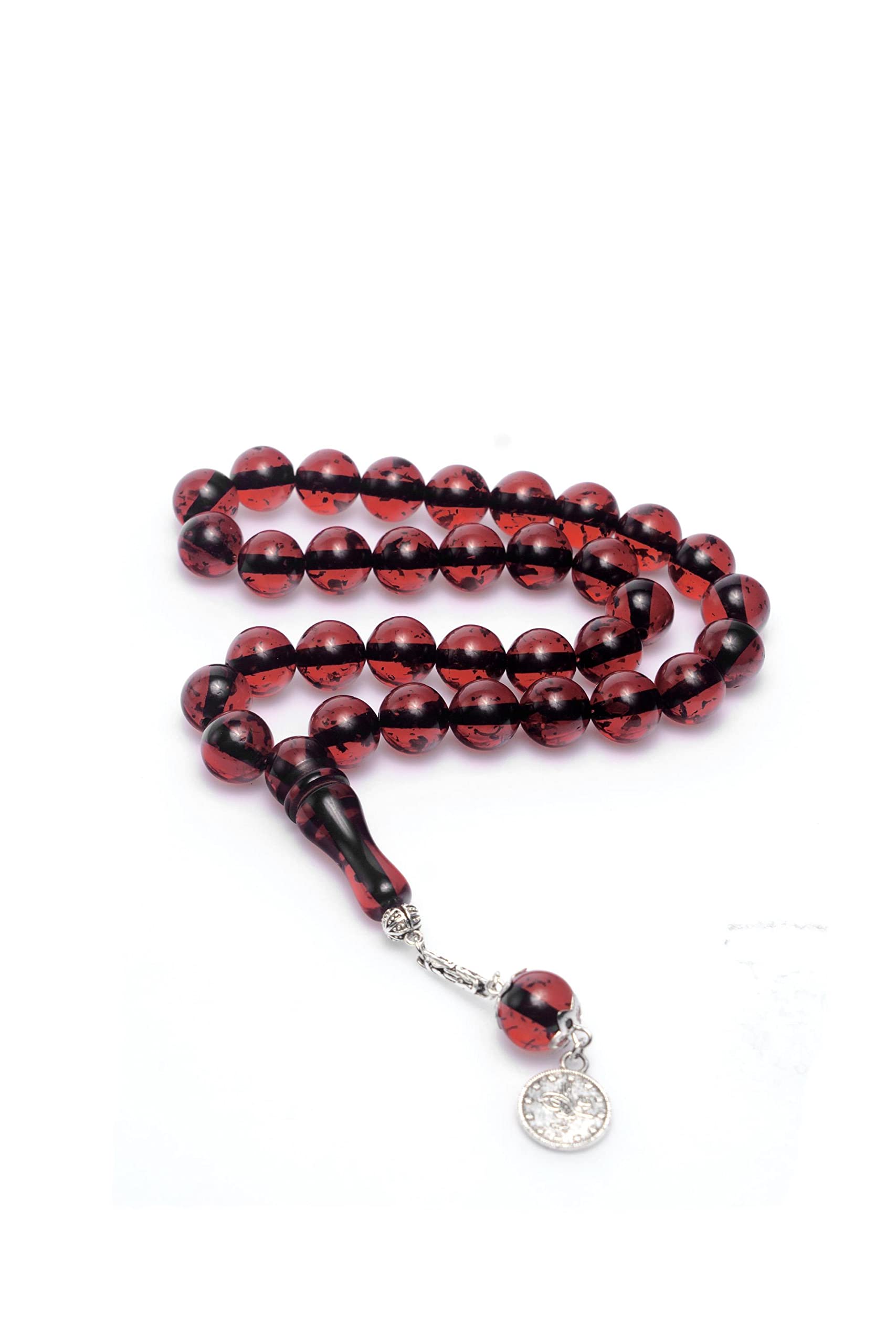 Pressed Powder Amber Rosary Round Sphere Moire Vernier Cut Red Colored Metal Tassels- silver