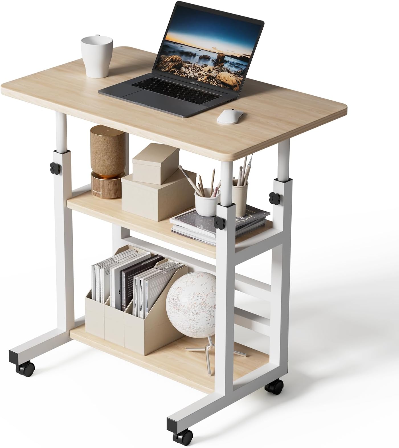 Warmiehomy Height Adjustable Computer Desk Table Movable Office Desk with Wheels,Laptop Table Study Gaming Desktop Workstation 2 Shelves for Home Office Furniture,60x37x60-90cm Maple