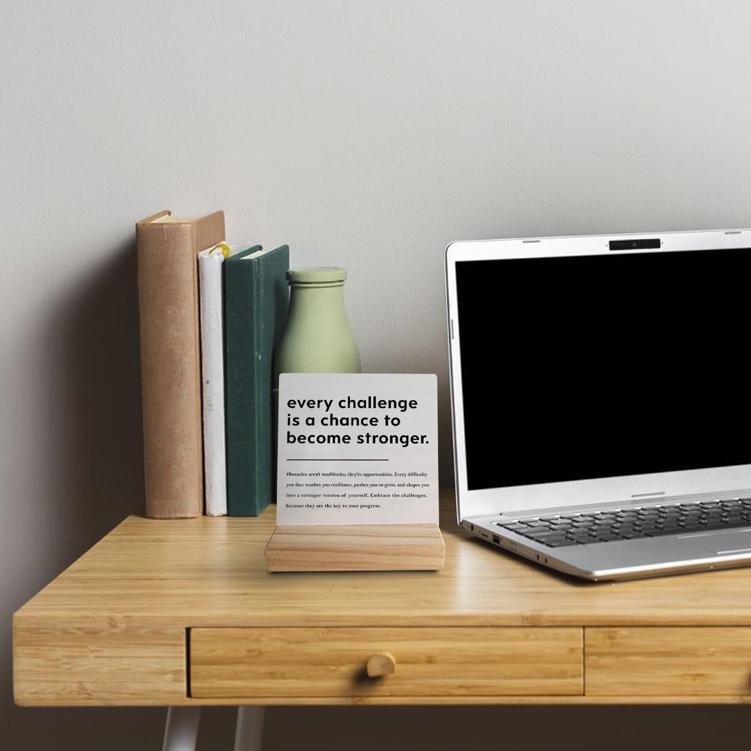Inspirational Challenge Quote Wooden Desk Sign Decor, Every Challenge Is a Chance to Become Stronger Motivational Wood Plaque Sign for Home Office Desk Table Shelf Decorations image 3