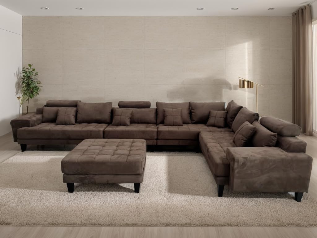 Stendmar L Shape U Shape Reversible Modern Microfiber Fabric Sectional Couch Sofa Set S150DBR (Brown, Extra Large)