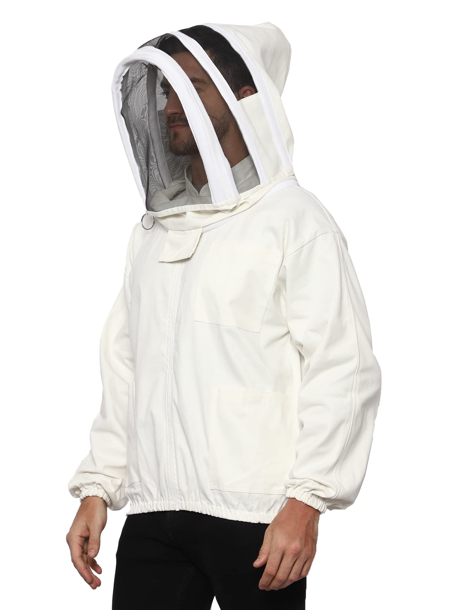 Veste d'abeille avec voile - Fermeture éclair sur la poitrine - Demi-combinaison d'abeille 100 % coton - Veste d'apiculteur pour homme et femme - Blanc - Veste d'abeille XXL