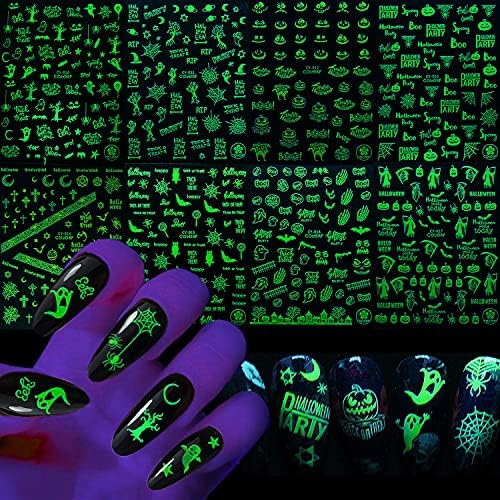 Halloween Nail Art Stickers, Luminous Nail Art Design Holographic 3D Self-Adhesive Nail Decals, Day of The Dead Skull Witch Pumpkin Ghost Gross Eye Spider Nails Sticker for Women Girls Kids(8 Sheets)