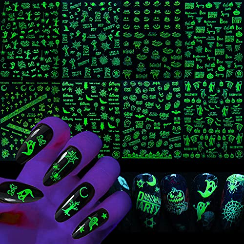 Halloween Nail Art Stickers, Luminous Nail Art Design Holographic 3D Self-Adhesive Nail Decals, Day Of The Dead Skull Witch Pumpkin Ghost Gross Eye Spider Nails Sticker For Women Girls Kids(8 Sheets) #TOP5