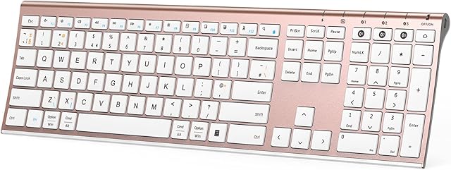 ASHU Multi Device Bluetooth Keyboard, Wireless Rechargeable QWERTY UK Layout Keyboard, Ultra Slim Full Size Quiet Keyboard for Windows Mac Android Computer Laptop PC Desktop, Rose Gold