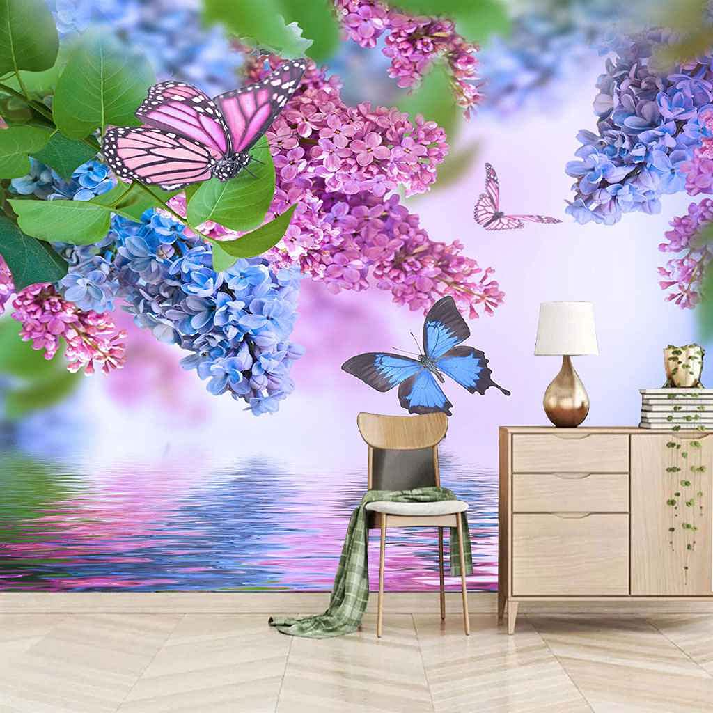 Papier peint canevas 3D fleur de papillon violet mural auto-adhésif salon