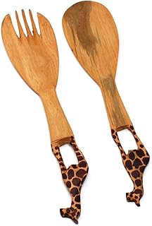 Global Crafts Hand carved Mhugu Wood Salad Serving Set, Giraffe, Set of 2