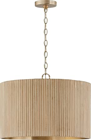 Capital Lighting 350741WS Donovan Mid-Century Modern Artisan Luxe Fluted Mango Wood Drum Pendant Ceiling Light, 3-Light 180 Total Watts, 15" H x 20" W, White Wash and Matte Brass