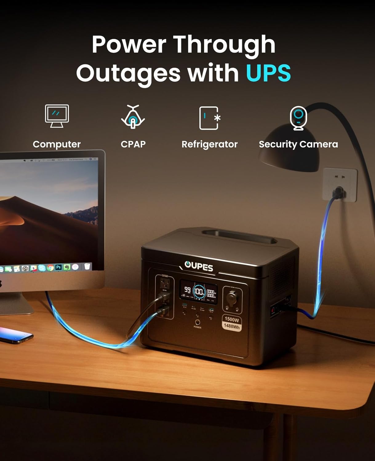 OUPES Exodus 1500 providing UPS backup for a computer setup