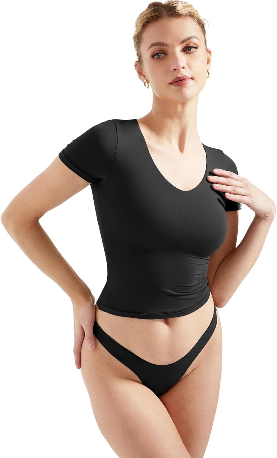 SUUKSESS Women Double Lined Fitted Basic Tee Sexy V Neck Short Sleeve Y2K Crop Top - Image 3