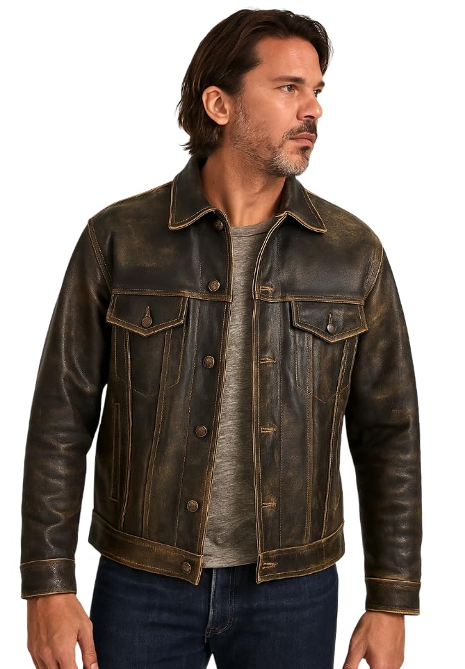 American Vintage Fashion Trucker Western Motorcycle Jacket Men - Full Grain Real Cowhide Leather