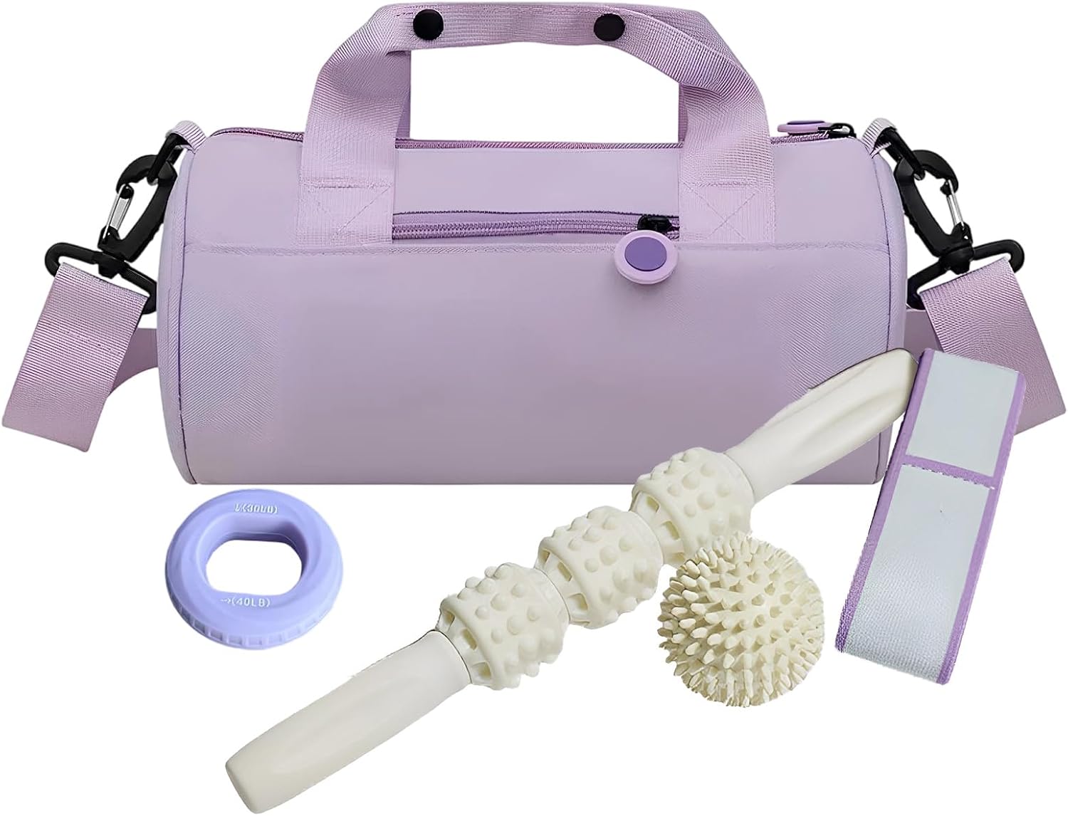 5 Pcs Mini Gym Bag Kit for Sport Women, Includes Hand Grip, Roller Massage Stick, Workout Yoga Band & Spiky Ball, Stylish, Portable Travel Accessories Set