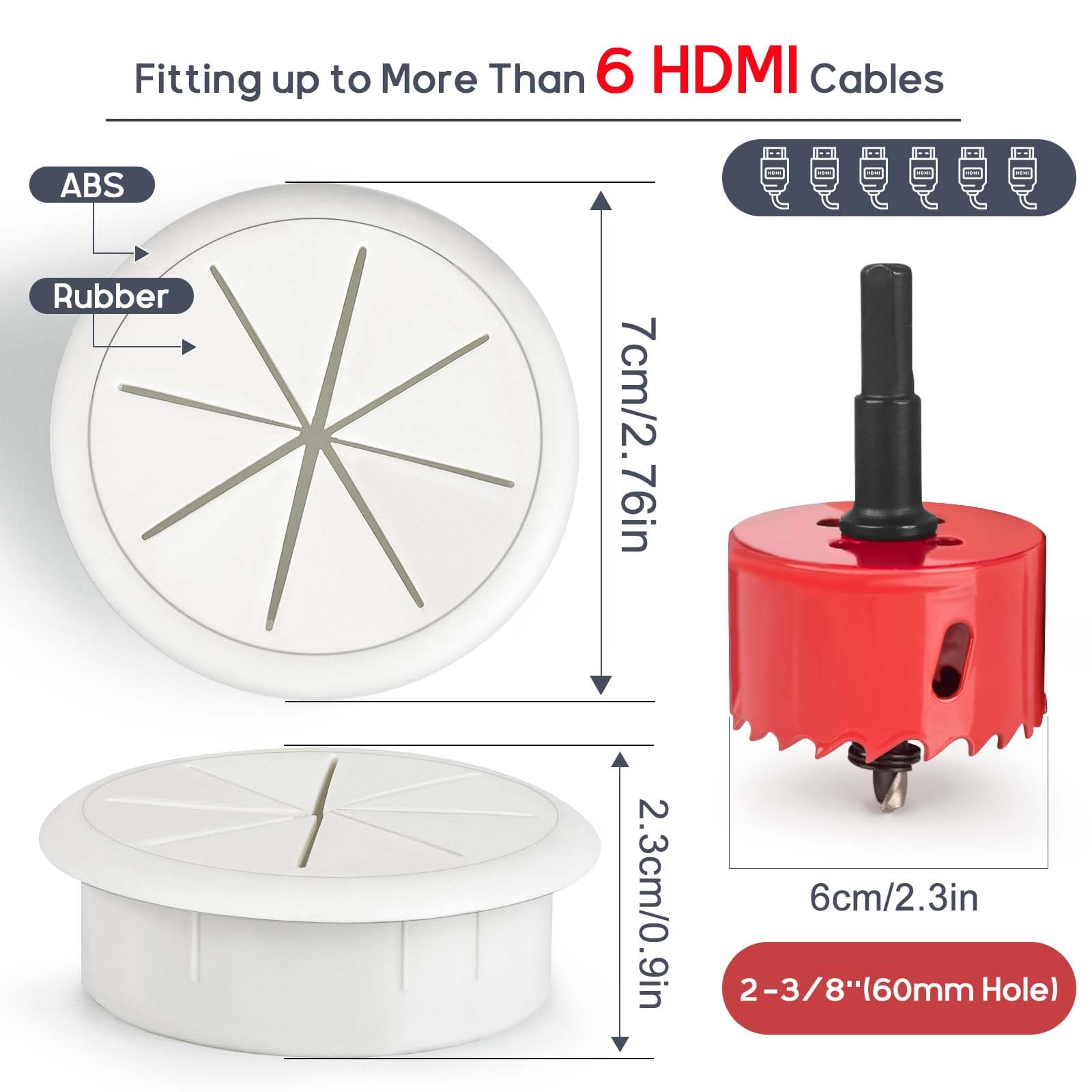 6Pcs TV Cord Hider for Wall Mounted TV 2.36in (60mm) TV Wire Hider Cable Grommet Cable Hole Cover with Hole Saw Drill Attachment, in Wall Cable Management Kit for Office and Home Table Cable