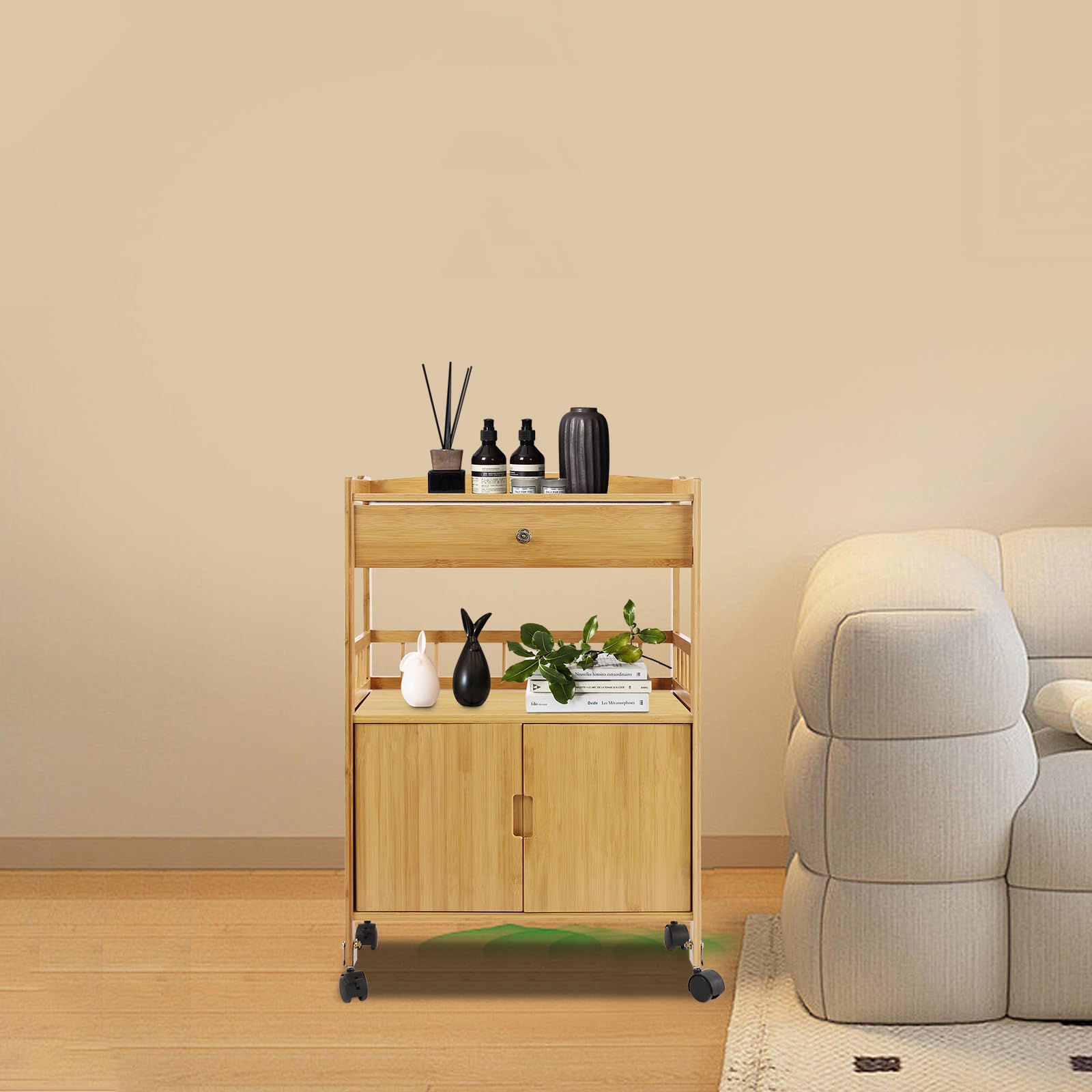 Bambus Küchenwagen mit Schublade und Schrank, Servierwagen auf Rollen, Lagerschrank mit 2 Ebenen und Universalrädern, Küchenrollwagen für Wohnzimmer, Esszimmer, Schlafzimmer, Natur (Log Color)