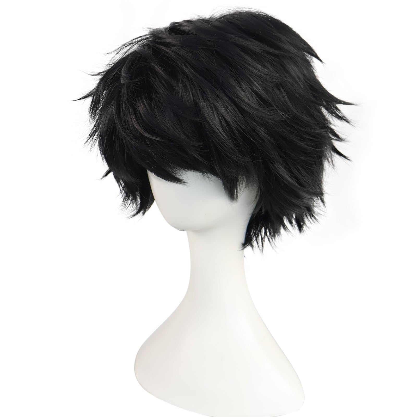BEKIDER+1 Hair Cap Short Black Wig for Men Black Wavy Wig with Bangs for Halloween Christmas Event Costume Party - Image 4