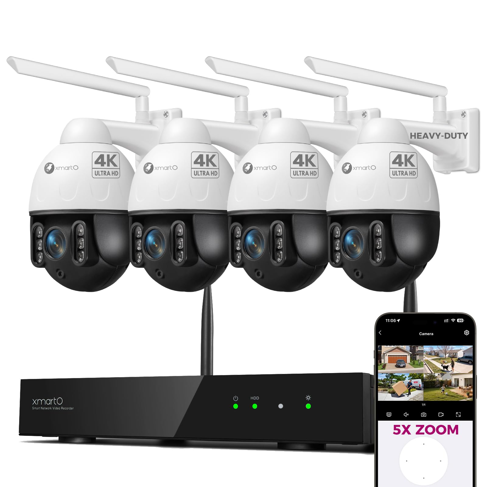 xmartO 4K 8MP Heavy-Duty 5X Zoom Security Camera System Bundle, 10-Channel WiFi 6 NVR & 4 PTZ Cameras, AI Auto Tracking, Vandal-Proof Metal Dome, Long Range WiFi6, IP66 Weatherproof, 0 Monthly Fee