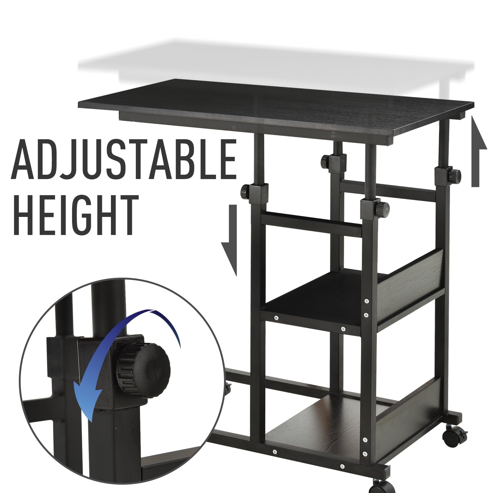 HOMCOM Mesa Auxiliar con Ruedas para Sofá en Forma de C 80x40 cm Negro | Mesa para Sofá, Altura Ajustable 3 Niveles de 72-82 cm, Marco de Metal, para Salón Cocina