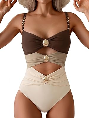 B2prity Cutout One Piece Swimsuit Tummy Control Ruched Monokini Color Block Bathing Suit for Cruise Vacation