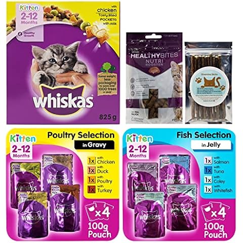 Kitten Food Wet 2-12 Months & Dry Cat Food Bundle contains Kitten Dry Food 825g x1, Cat Food Pouches in Jelly 100g x4, Kitten Wet Food in Gravy 100g x4, Healthy Bites Treat 65g x1, Silvervine Sticks Cover