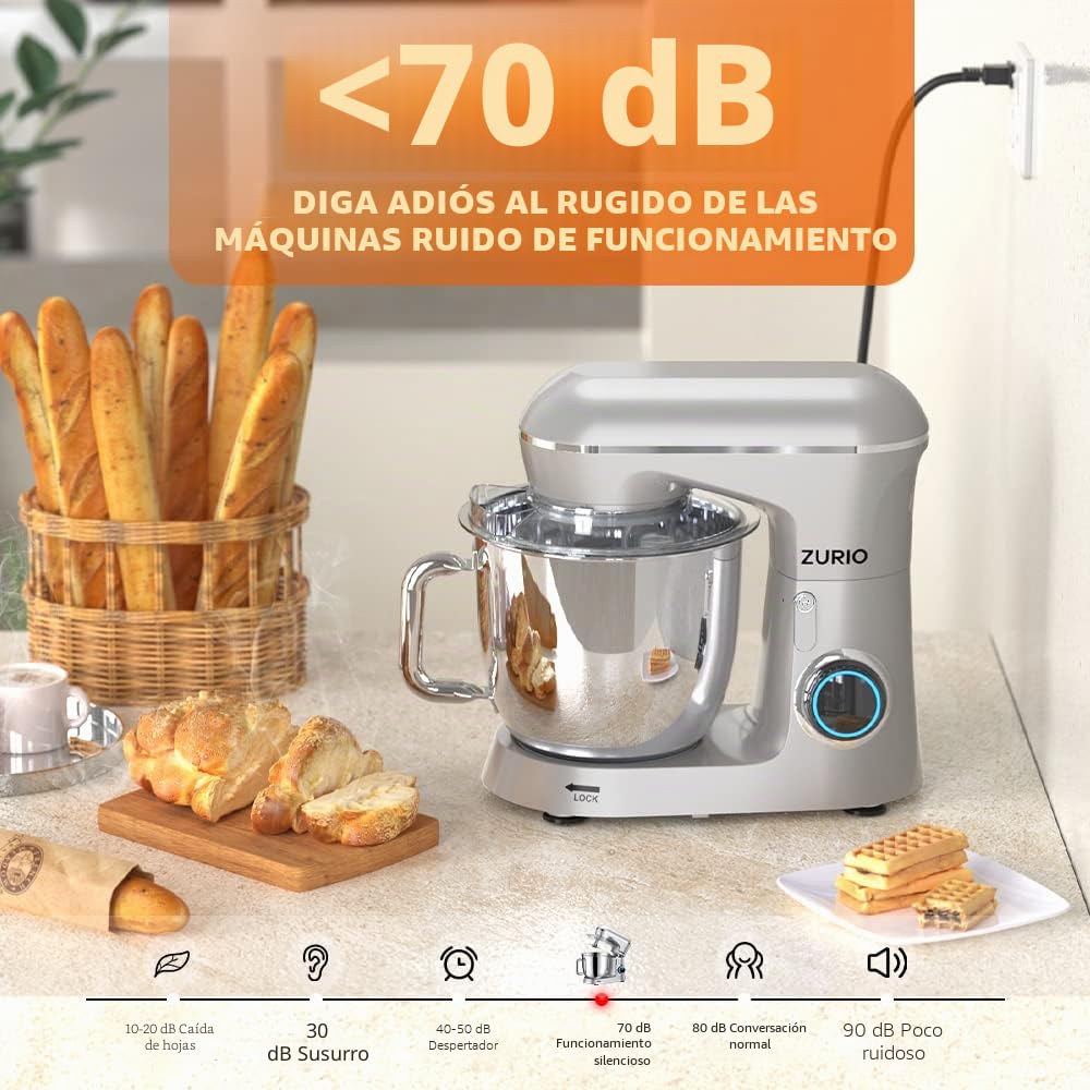 Zurio Batidora Amasadora 1300w, Amasadora de Pan Para Repostería 5.5L, Bol de Acero Inoxidable, Varillas Batidoras, Varillas Amasadoras