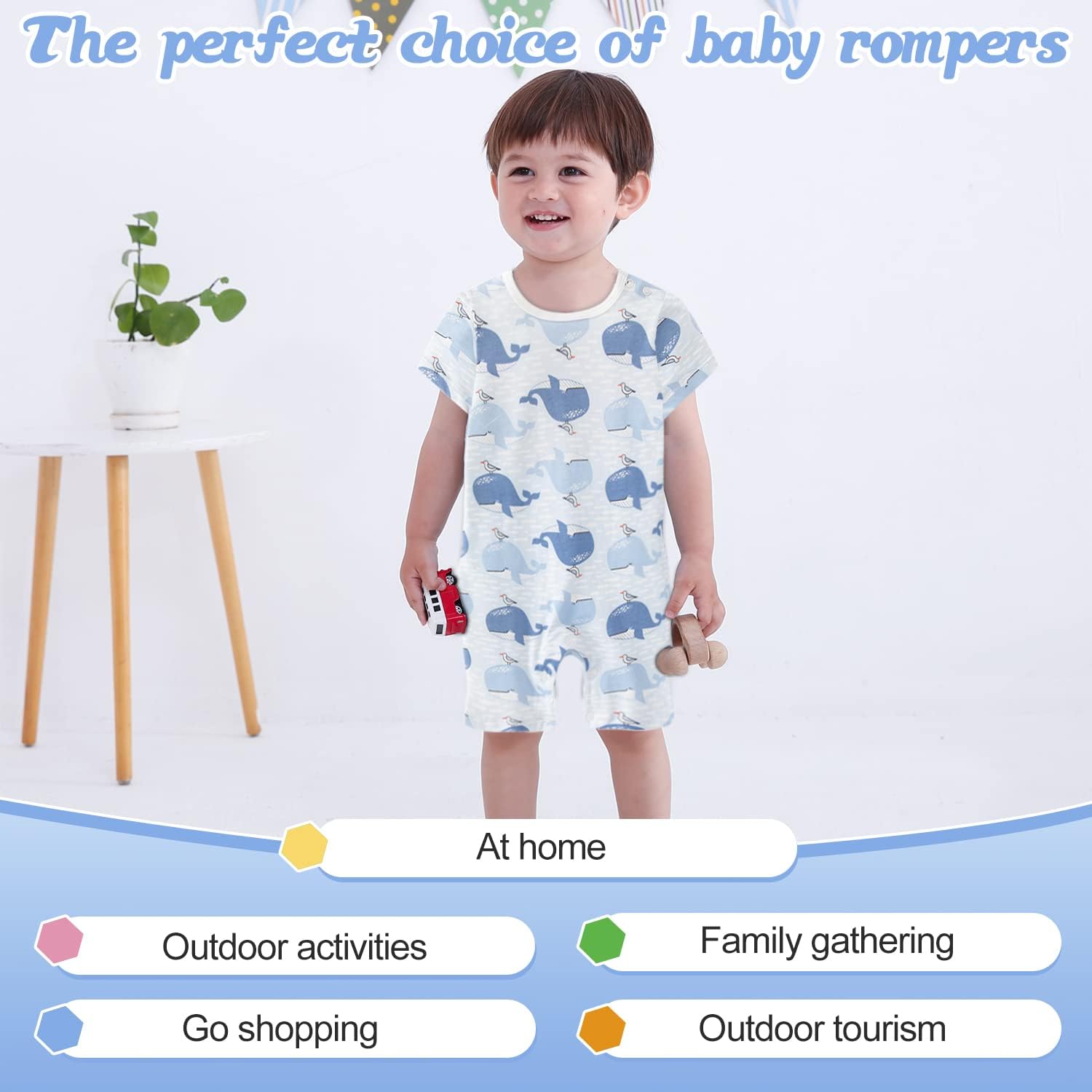 Zanie Kids Baby Boy Rompers Short Sleeve Snap Toddler Summer Cotton Clothes 2-Pack Bear & Whale 3-6 Months