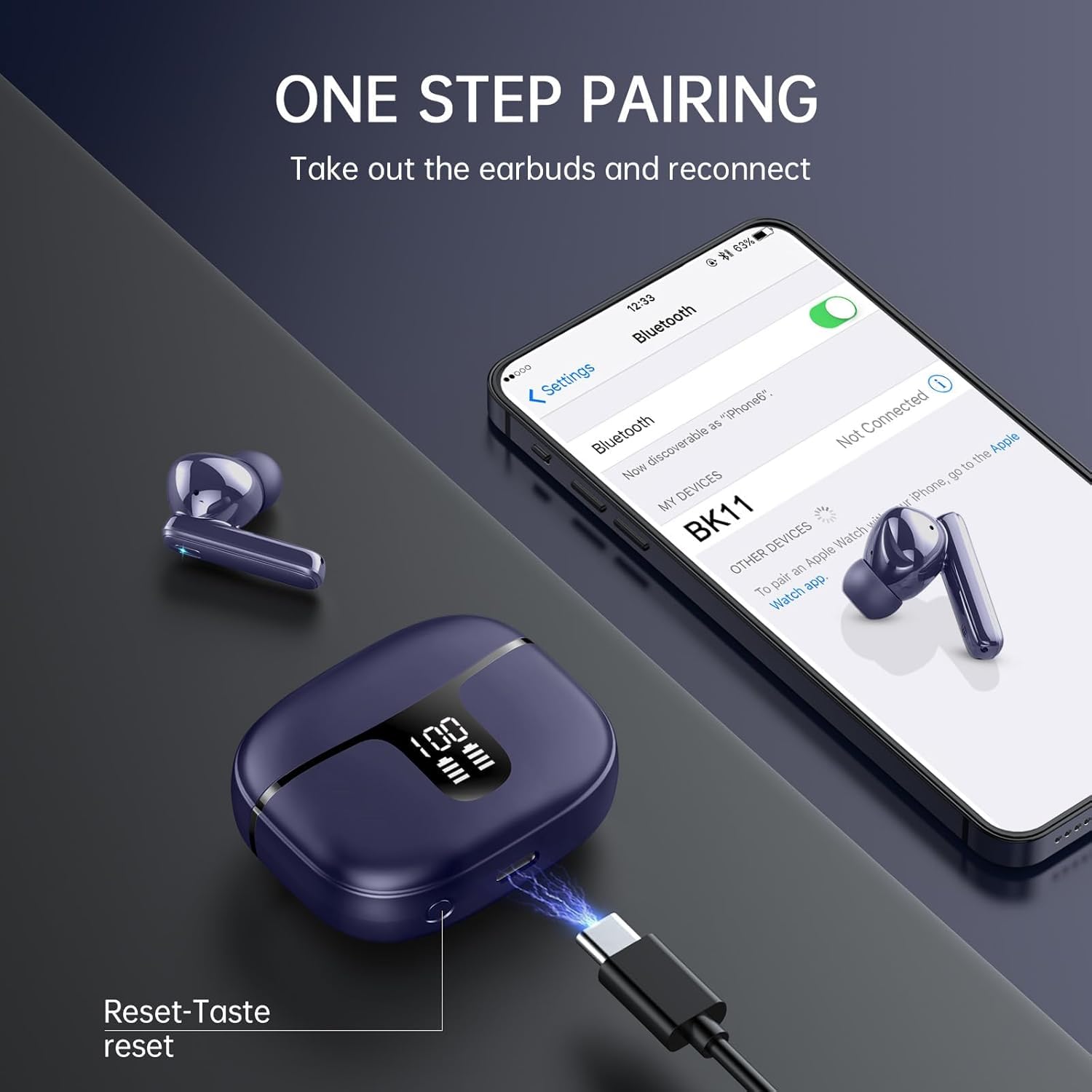 Cuffie Bluetooth 5.3, Auricolari Bluetooth con HD Mic Stereo HiFi, 2025 Cuffie Wireless In-Ear 40H LED Display Cuffiette Sport IP7 Impermeabili Touch Control, Auricolari Senza Fili per Android/iOS Blu - Vista 7