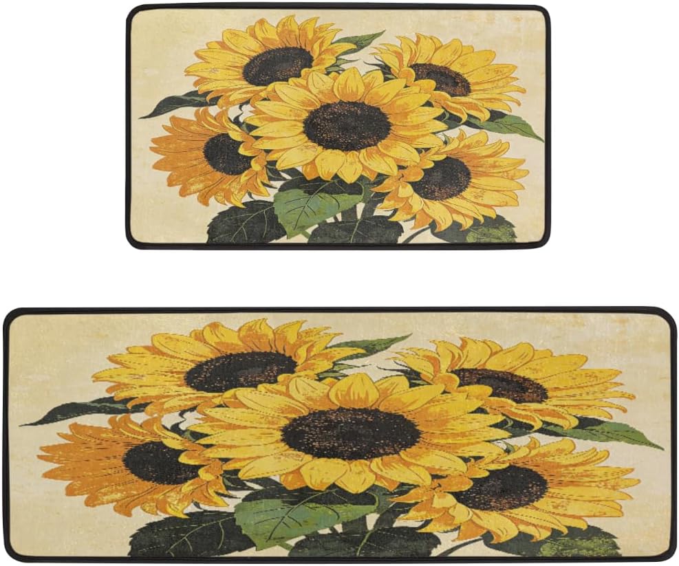 Anti Fatigue Sunflower Decor Kitchen Mats for Floor 2 Piece Set, Waterproof Non Slip Boho Kitchen Floor Rugs, Comfort Standing Mat for Sink Laundry & Home Kitchen 17"x47"+17"x29"