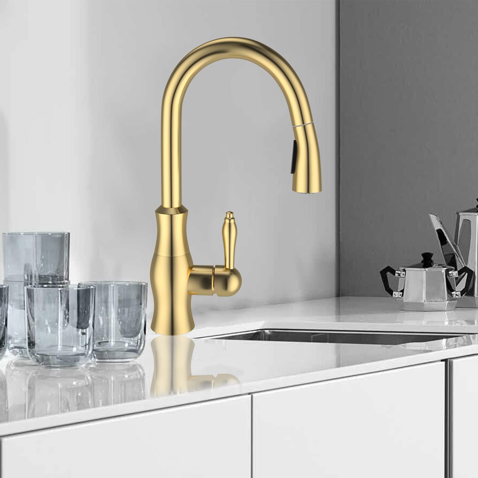 Rozin Elegant Gold 2-Function Kitchen Tap with Pull Out Sprayer and Stream Mode Brass Single Lever Single Handle 360 Degree Swivel Mixer Tap