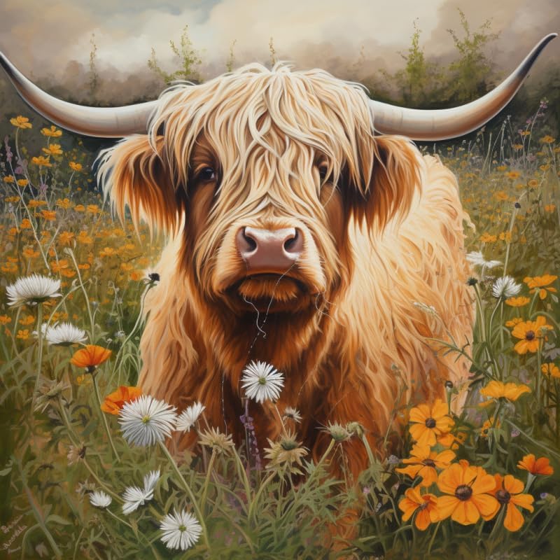 Kits de pintura de diamantes 5D por número para adultos, vaca de las tierras altas en flores, pintura de arte de diamantes, taladro redondo