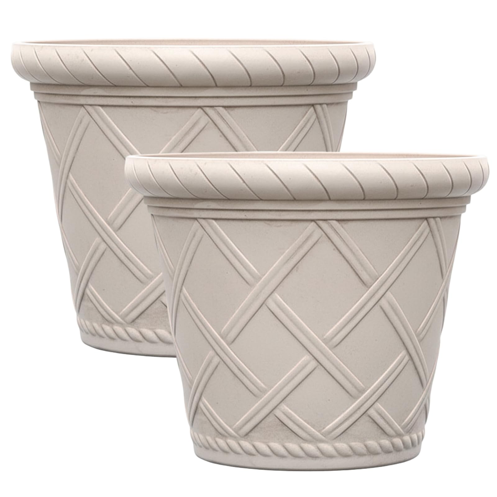 Bemonew Plastic Flower Pots 7 Inch Plant Pot, Vintage Roman Style Resin Planter with Drainage Holes, Set of 2 White Flower Pots for Indoor Outdoor Garden Decor