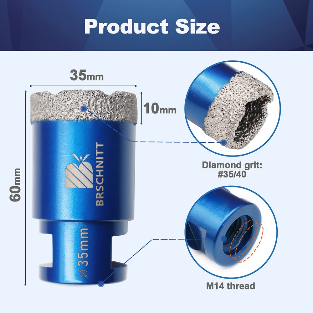 Punta per Trapano Diamantata 35mm- BRSCHNITT Vacuum Brasato Foretto Diamantato con Filettatura M14 per Porcellana Piastrella Granito Marmo Taglio a Secco.