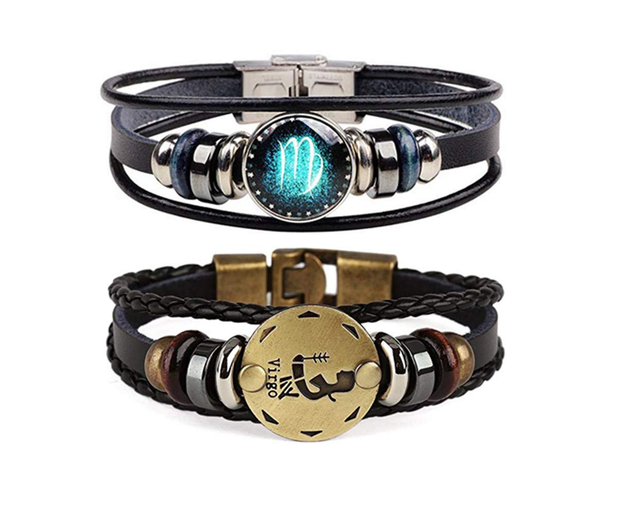 Dcfywl731 2Pcs Zodiac Gifts Bracelet for Women Men Christmas Gifts 12 Constellation Beaded Hand Woven Leather Bracelets Braided Punk Chain Cuff Men Gifts for Christmas