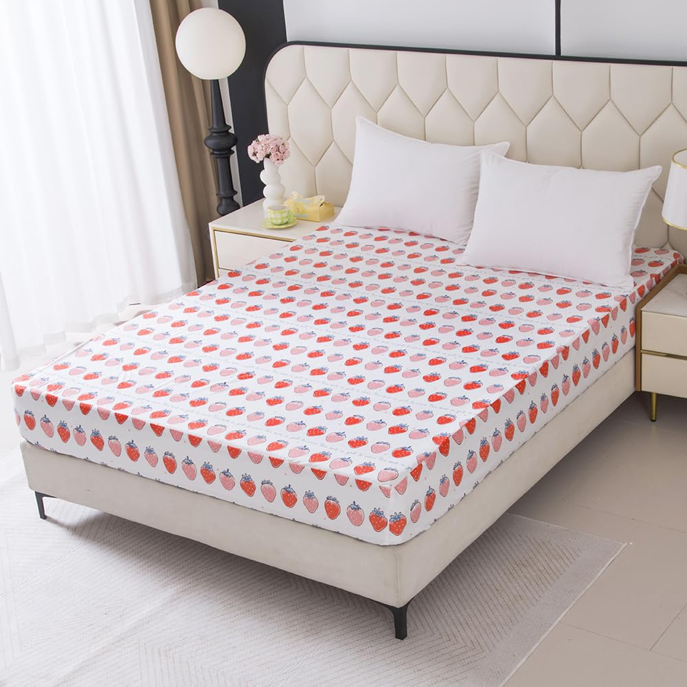 NATURETY Bedding Fitted Sheet with Deep Pocket,Thicken Printed Fabric Bed Sheets (Pink Strawberry, Full)