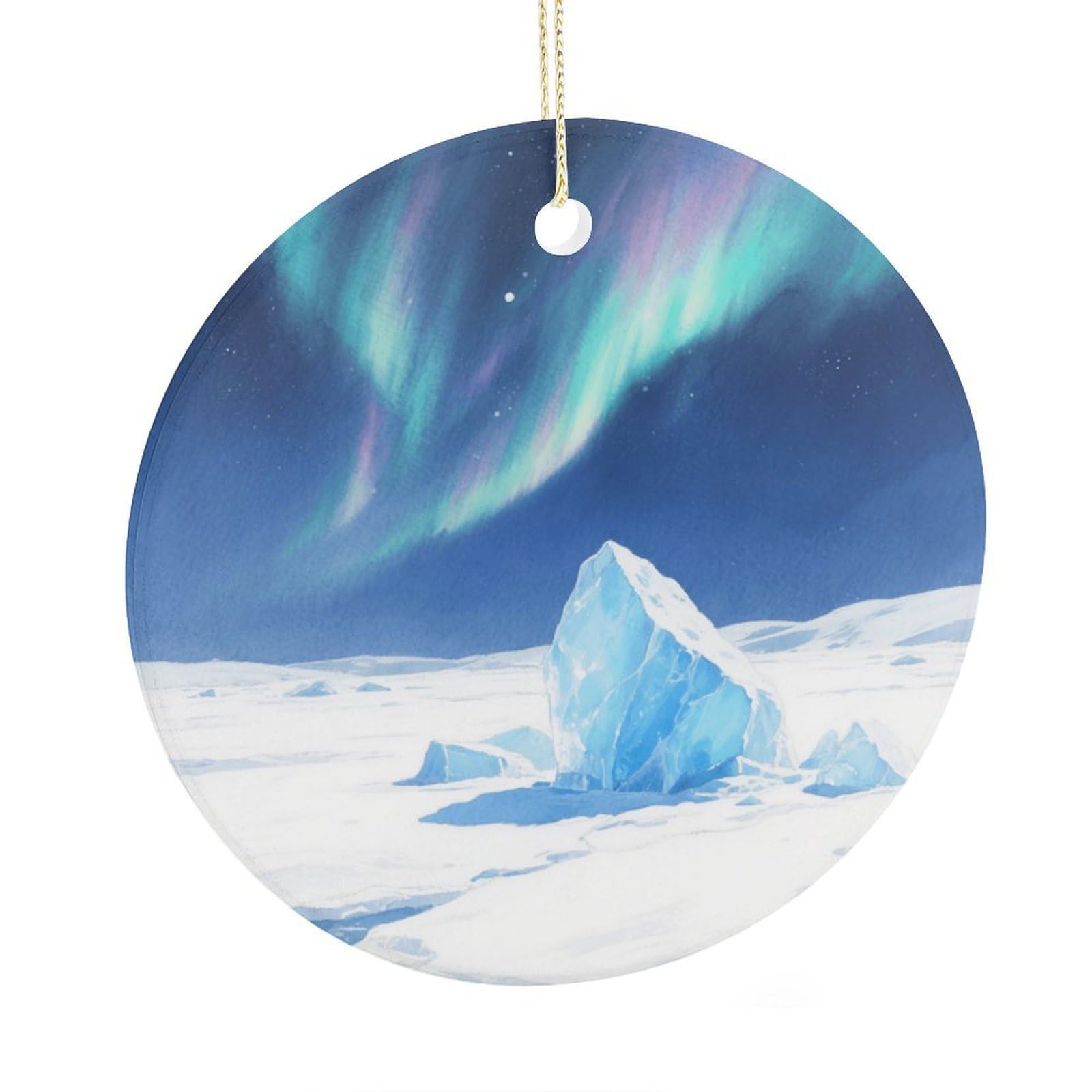 Fekiloot Style Ice Field And Aurora Christmas Ornaments 2.9 Inch Round Ceramic Ornament Keepsake Thank You Gifts For Office, Room, Home - Holiday Present Ideas