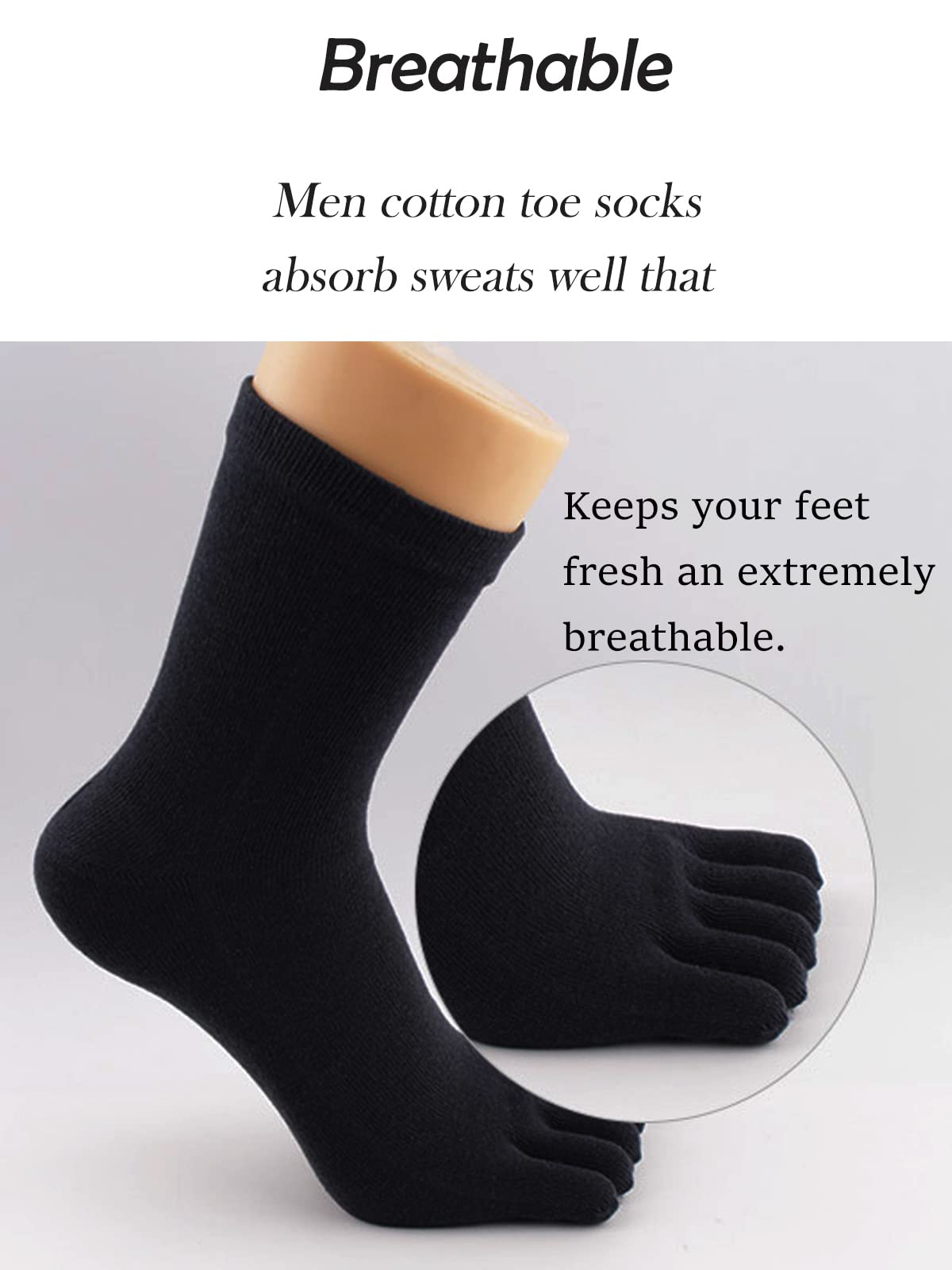 Men Toe Socks Cotton Athletic Running Ankle Five Finger Crew Sock Size 7-11 (8007-Black 5 pairs, Men shoe size: 7-11)