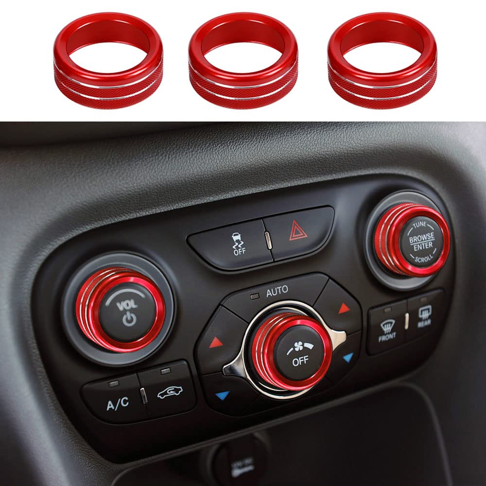 AC Radio Knob Cover Compatible with Dodge Dart 2012 2013 2014 2015 2016 2017 2018 Console Air Conditioner Climate Control Volume Tune Switch Button Trim Ring 3pcs (Red)