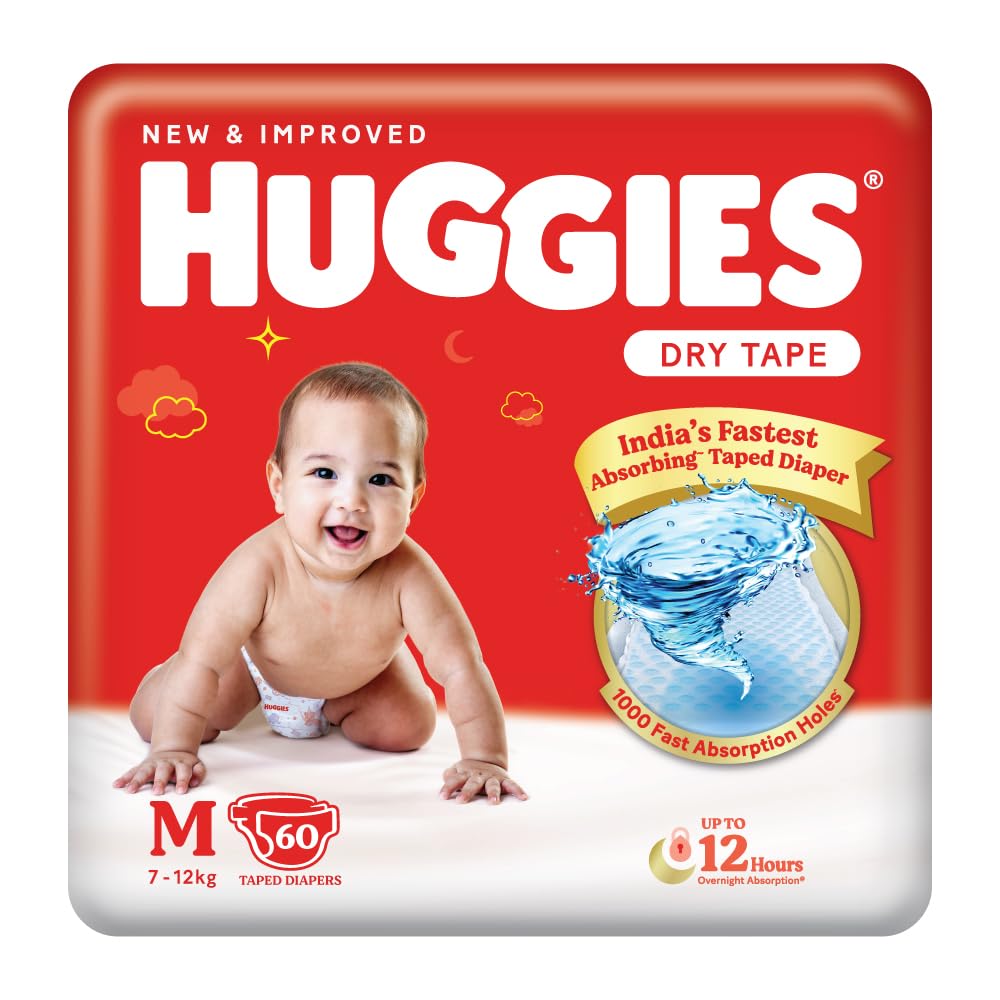 Huggies Complete Comfort Dry Tape Medium (M) Size Baby Tape Diapers, 60 count, with 5 in 1 Comfort